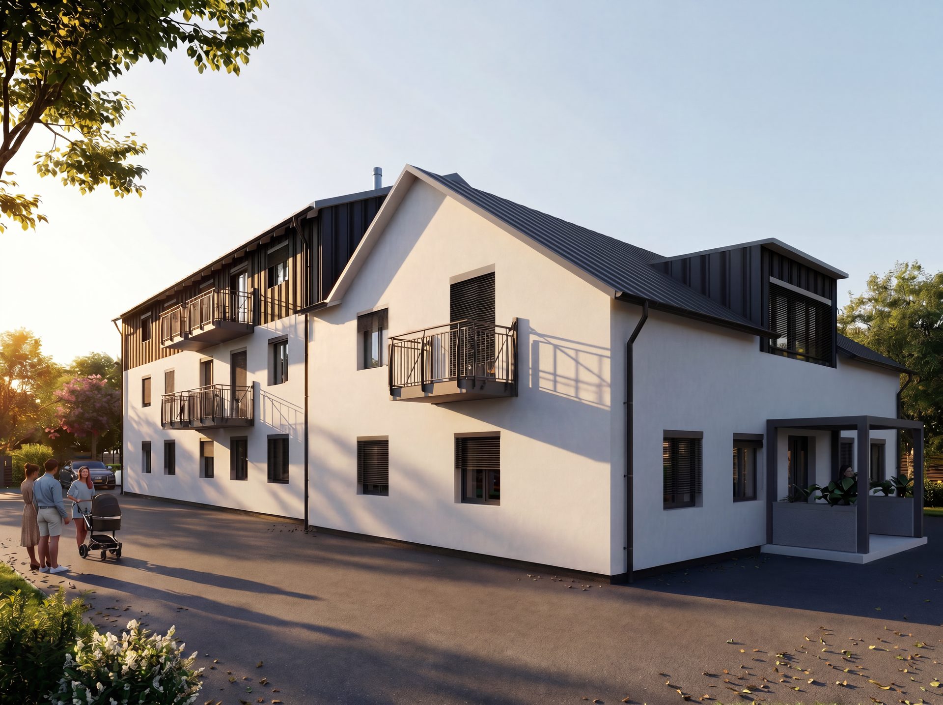 Rezidence Krhůvka – vizualizace exteriéru, denní pohled od příjezdové cesty