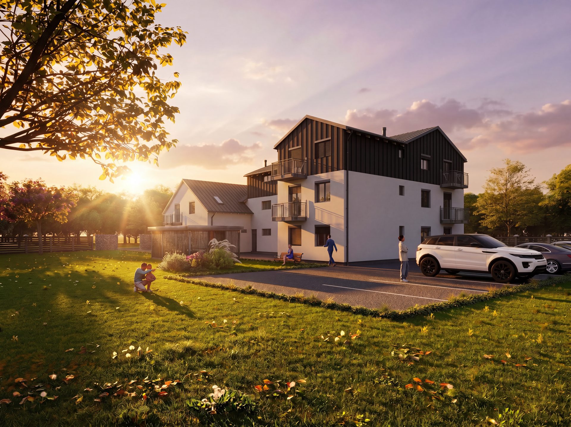 Rezidence Krhůvka – vizualizace exteriéru, pohled přes zahradu na parkovací stání a vstup